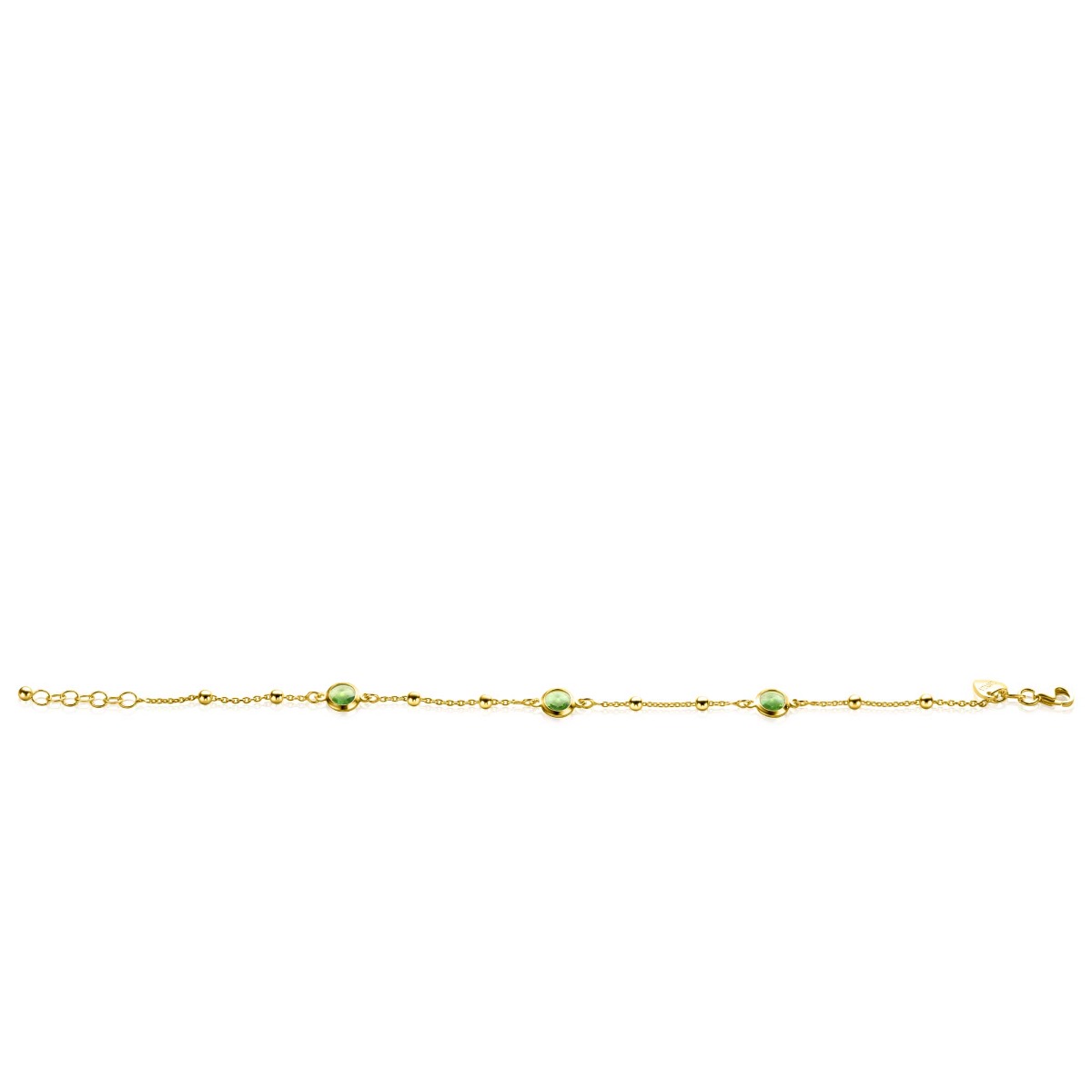 ZINZI gold plated zilveren armband met bolletjes en rond groen Swarovski crystals 17-20cm ZIA2348