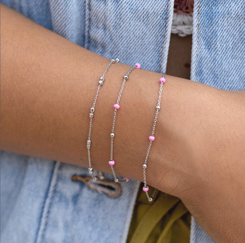 ZINZI zilveren fantasie armband met 5 roze donuts en glanzende bolletjes 17-19,5cm ZIA2510