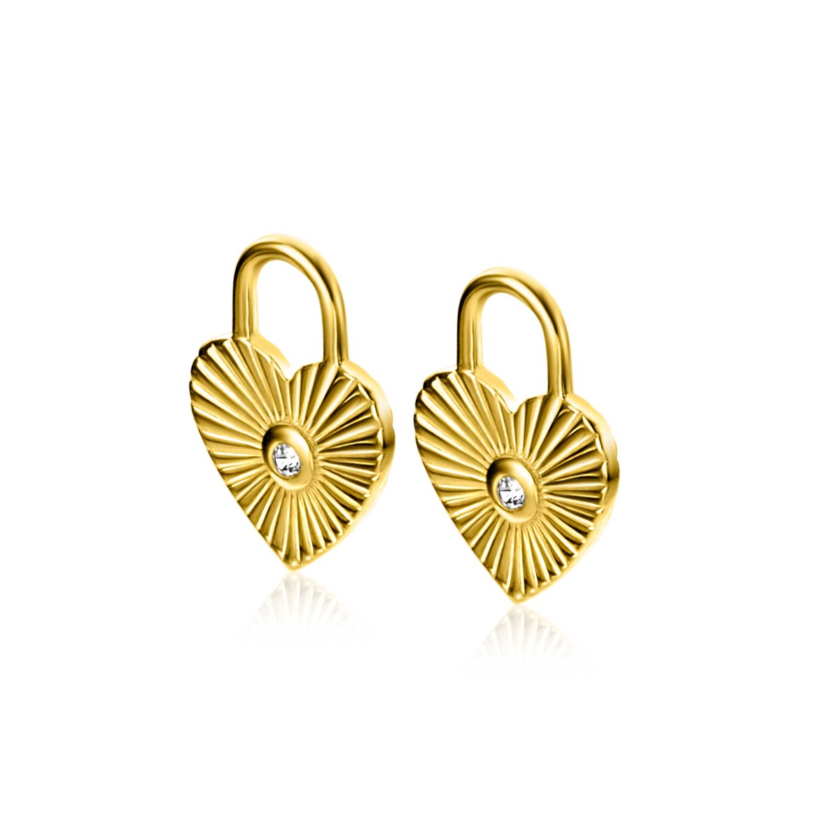 ZINZI gold plated zilveren oorbedels hart met zonnestralen en witte zirconia 15mm ZICH2305 (zonder oorringen)