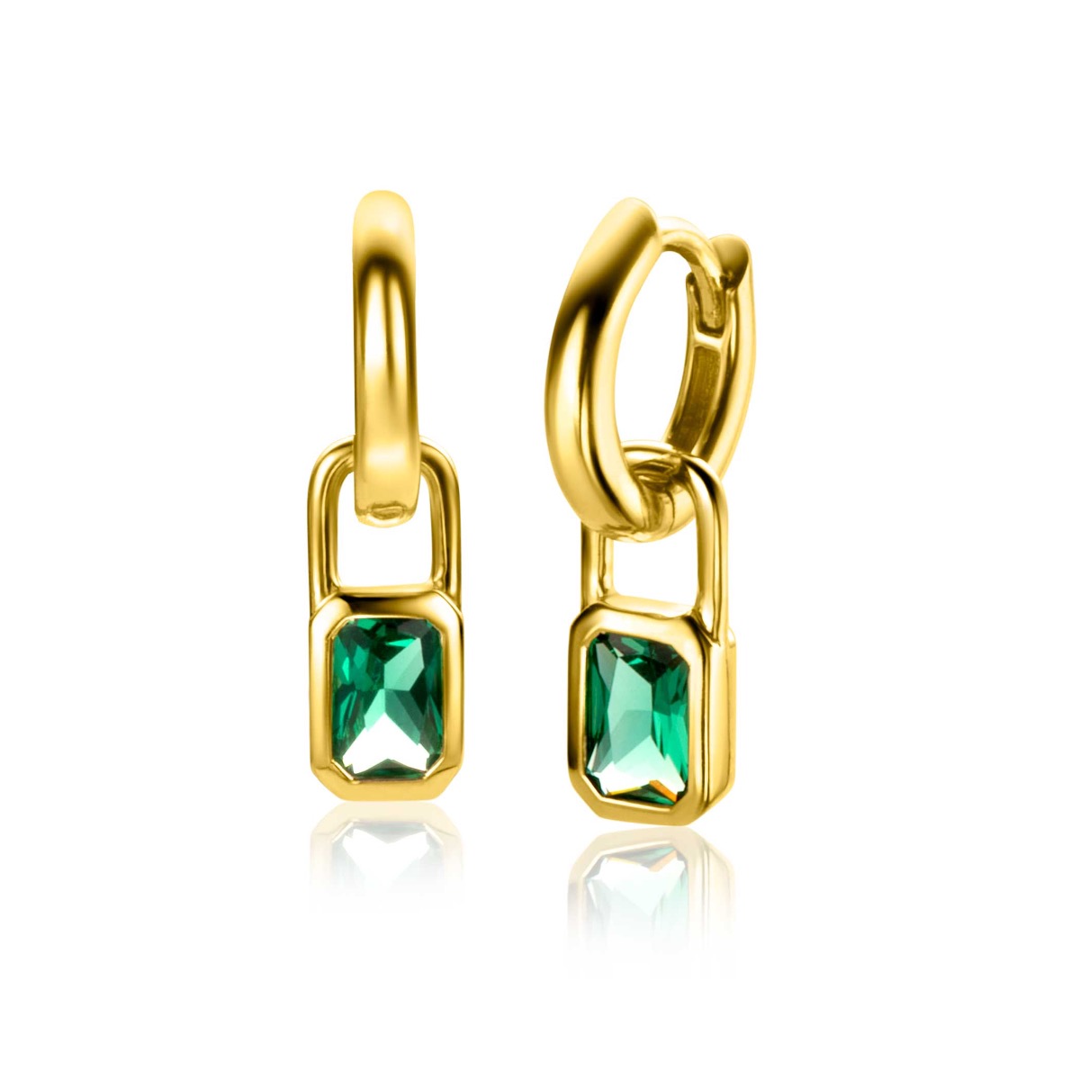 ZINZI gold plated zilveren oorbedels rechthoek met groene kleurstenen 13mm ZICH2307 (zonder oorringen)