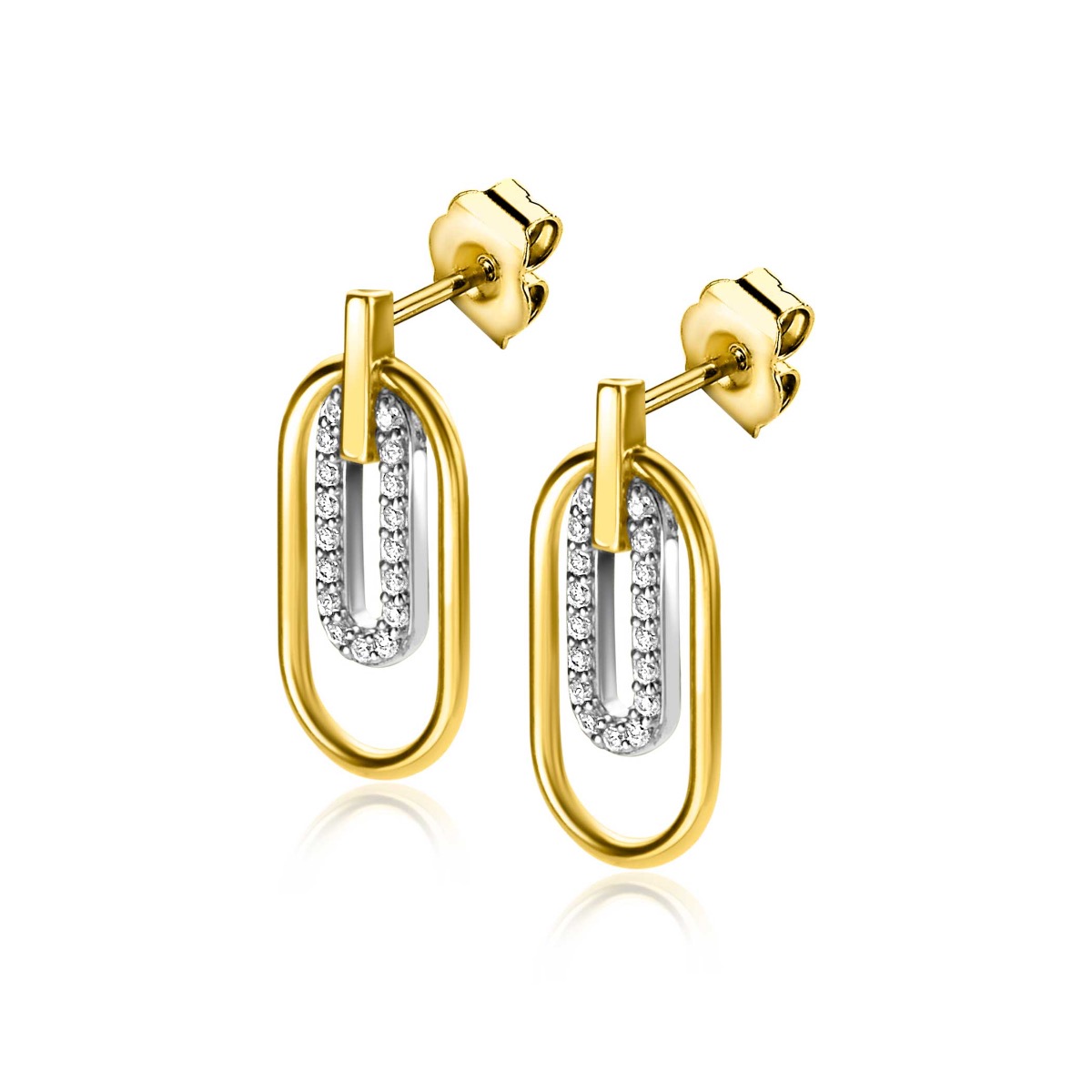 ZINZI gold plated zilveren ovale oorstekers 20mm bezet met witte zirconia's ZIO2329