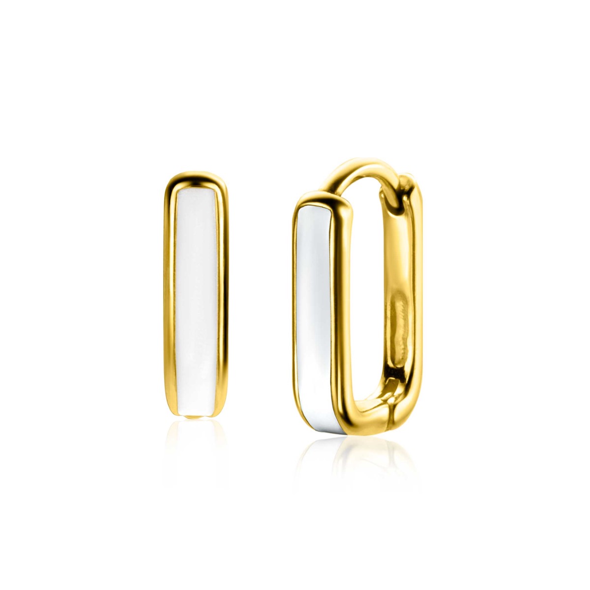 ZINZI gold plated zilveren luxe oorringen rechthoek vorm met wit emaille 15x4mm ZIO2339W
