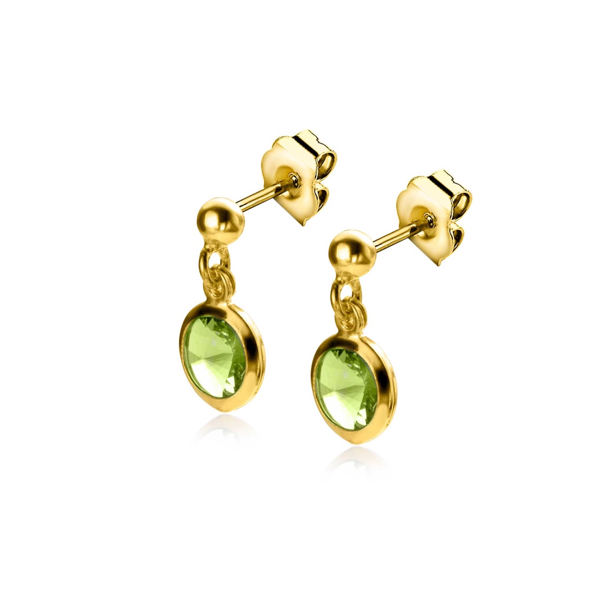 ZINZI gold plated zilveren bol oorstekers met bungelend ronde groene Swarovski crystal 7mm ZIO2348