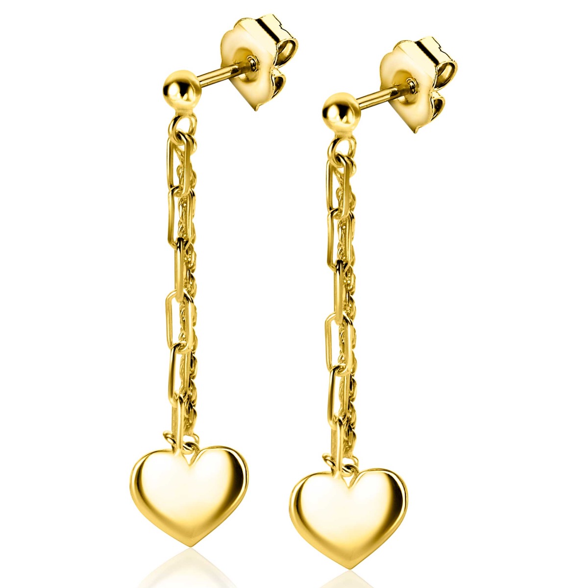 ZINZI gold plated zilveren oorstekers 52mm lang met twee trendy schakels en glad hart ZIO2381G
