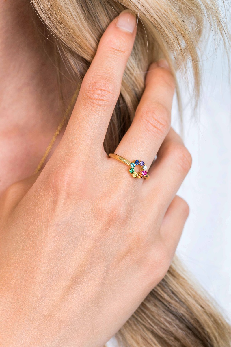 ZINZI zilveren ring 14K geel verguld 8,5mm bezet regenboog ZIR2172