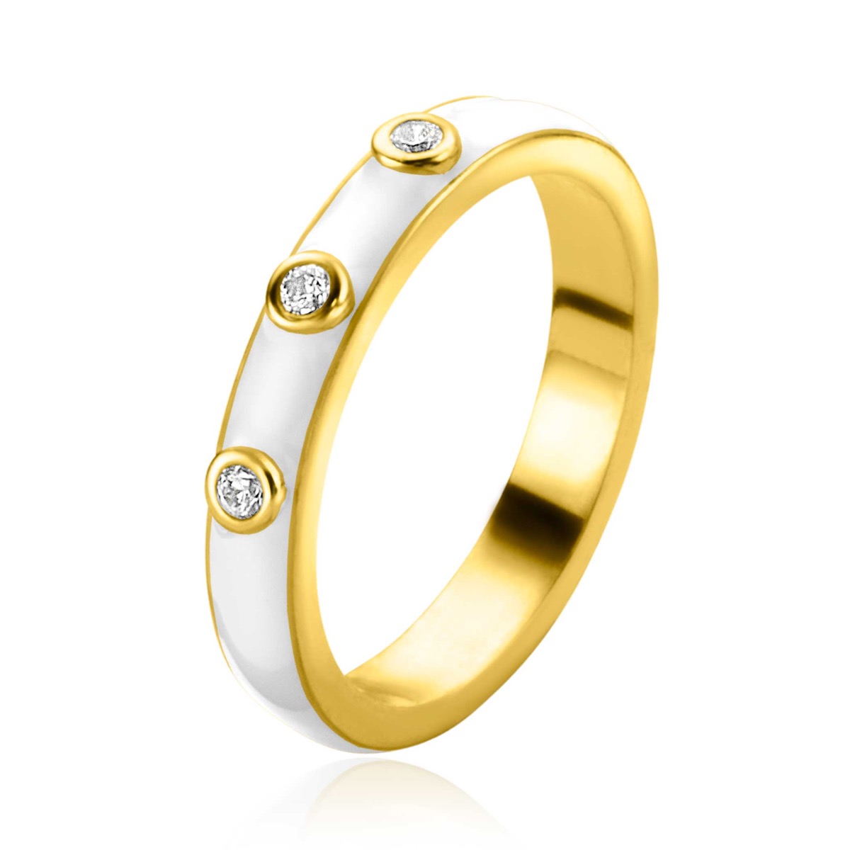 ZINZI gold plated zilveren aanschuifring trendy wit emaille en witte zirconia's 3mm ZIR2315W