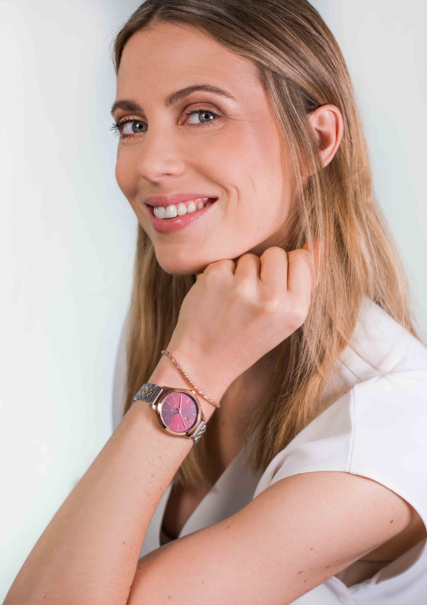 ZINZI Classy horloge 34mm donkerrode wijzerplaat roségoudkleurige stalen kast en bicolor band, datum ziw1038

