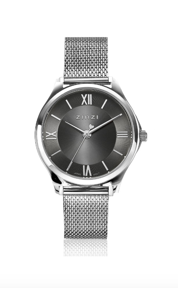 ZINZI Classy Mini horloge 30mm grijze wijzerplaat stalen kast en meshband ZIW1224M