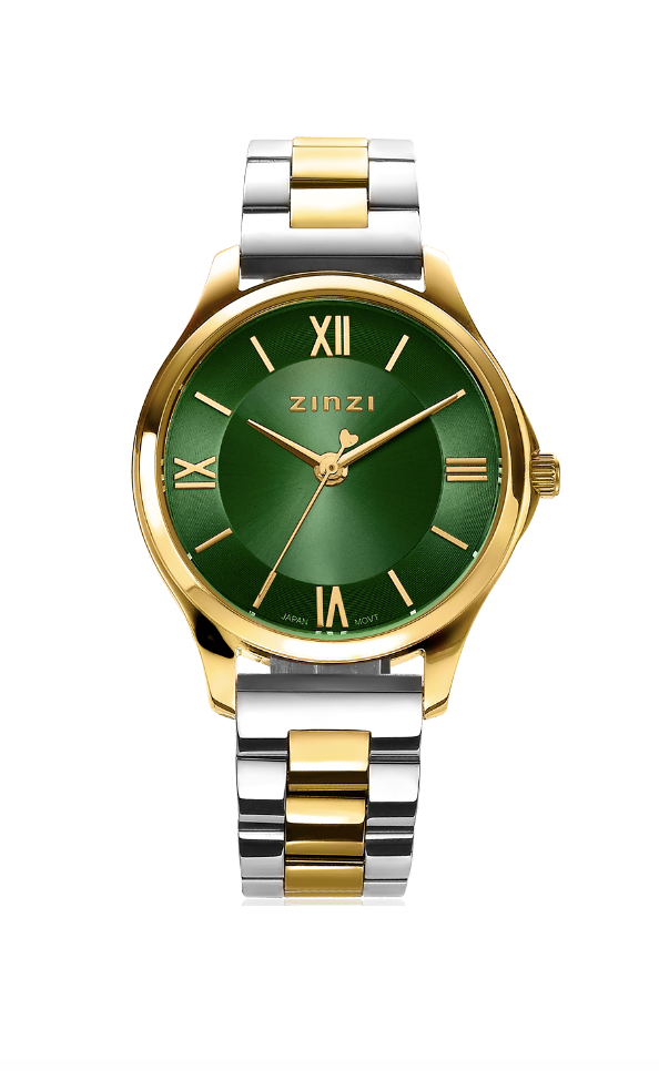 ZINZI Classy Mini horloge 30mm groene wijzerplaat goudkleurige stalen kast en bicolor band ziw1235
