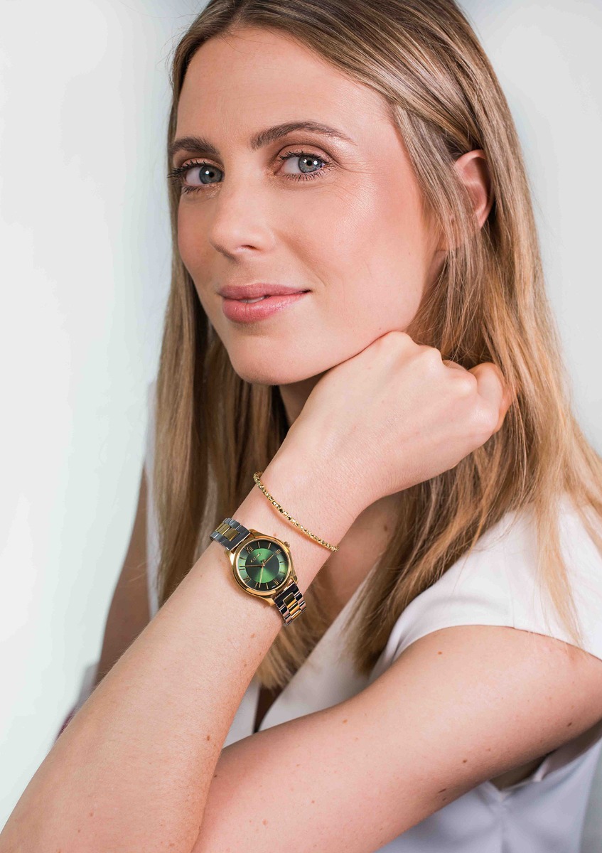 ZINZI Classy Mini horloge 30mm groene wijzerplaat goudkleurige stalen kast en bicolor band ziw1235
