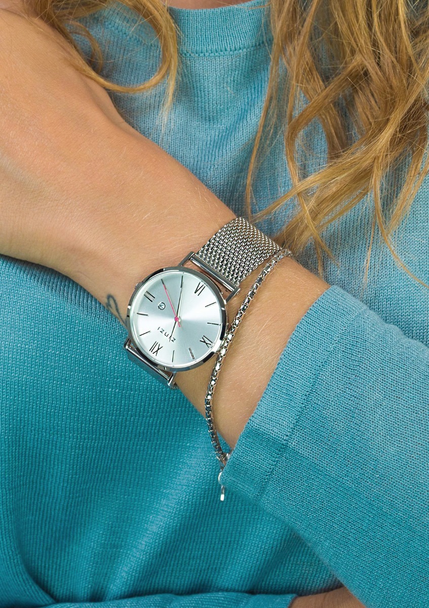 ZINZI Roman horloge zilvergekleurde wijzerplaat en kast stalen mesh band 34mm extra dun ZIW502M