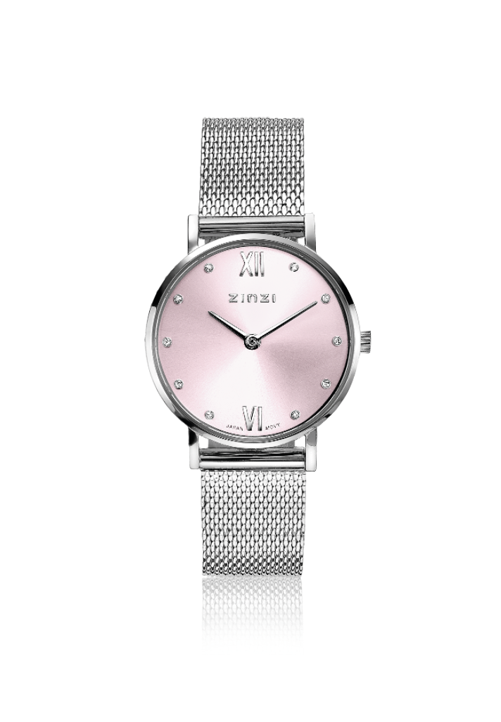 ZINZI Lady Crystal horloge roze wijzerplaat en kast stalen mesh band, witte crystals bij uuraanduiding, 28mm extra dun ZIW641M
